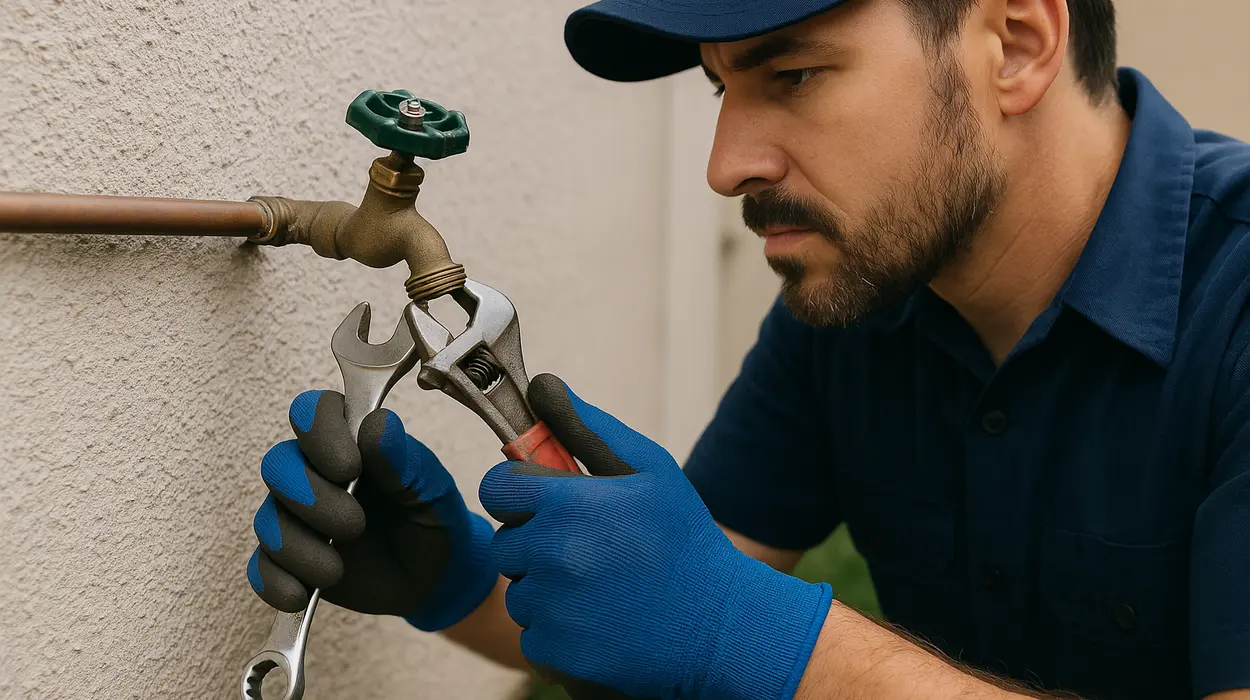 A male plumber fixing an outdoor faucet from TMK Plumber Austin in Bastrop, TX - Bastrop TX
