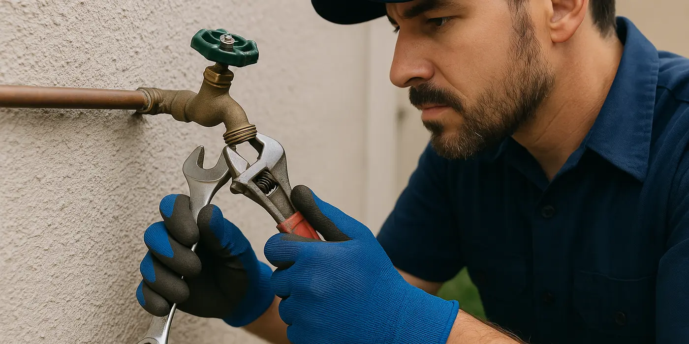 A male plumber fixing an outdoor faucet from TMK Plumber Austin in Bastrop, TX - Bastrop TX A male plumber fixing an outdoor faucet from TMK Plumber Austin in Bastrop, TX - Bastrop TX