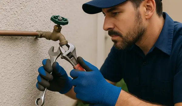 A male plumber fixing an outdoor faucet from TMK Plumber Austin in Bastrop, TX - Bastrop TX