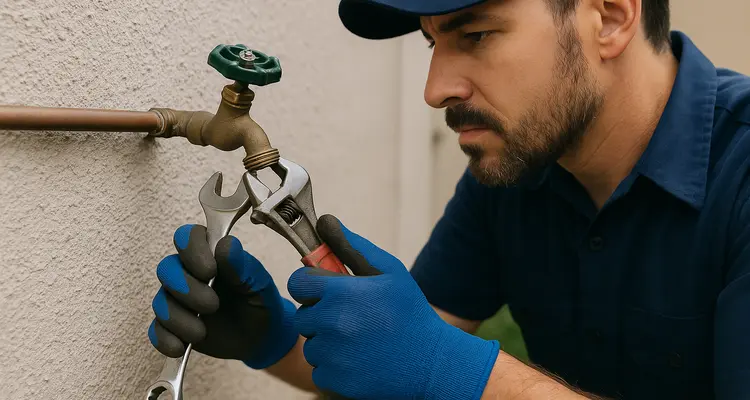A male plumber fixing an outdoor faucet from TMK Plumber Austin in Bastrop, TX - Bastrop TX