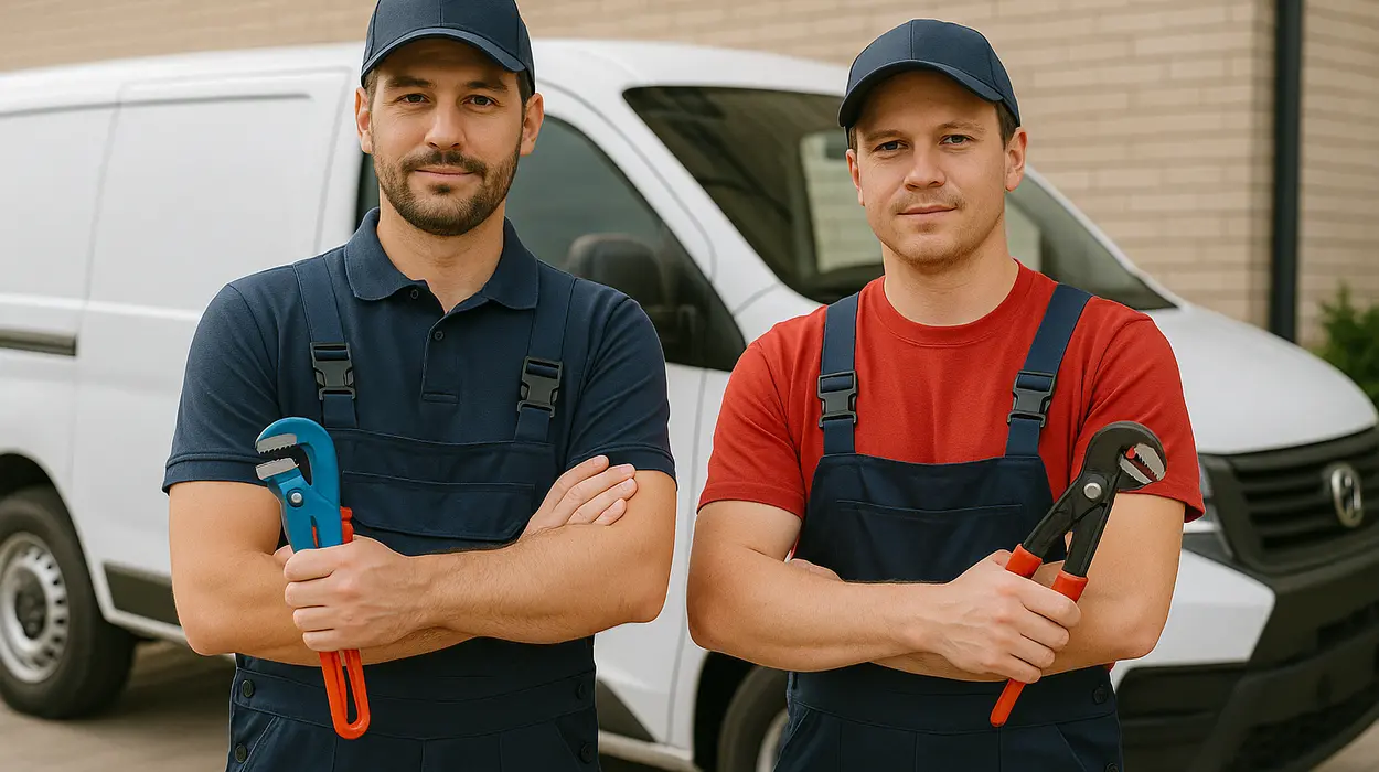 2 male plumbers looking at the camera from TMK Plumber Austin in Bee Cave, TX - Bee Cave TX