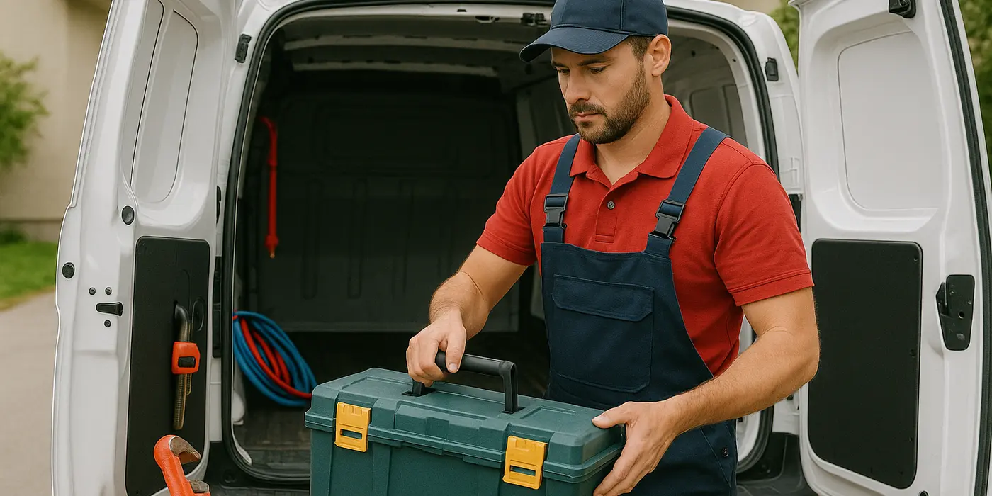 A plumbing technician putting his tool box back in his van from TMK Plumber Austin in Cedar Park, TX - Cedar Park TX A plumbing technician putting his tool box back in his van from TMK Plumber Austin in Cedar Park, TX - Cedar Park TX