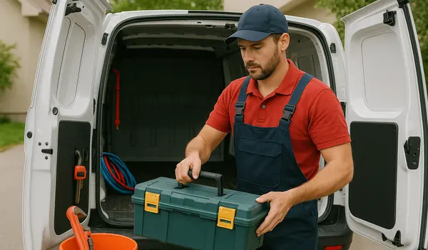 A plumbing technician putting his tool box back in his van from TMK Plumber Austin in Cedar Park, TX - Cedar Park TX