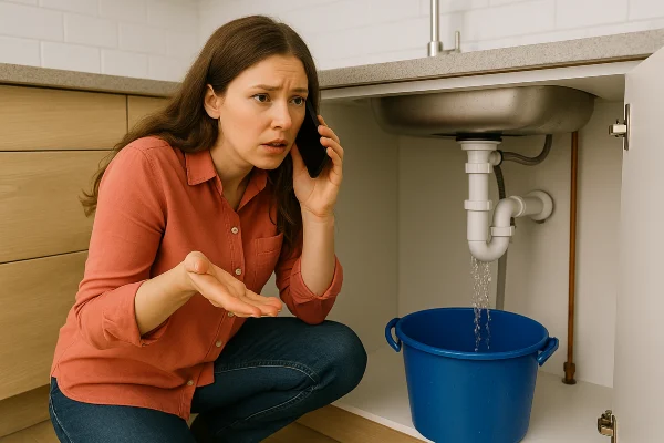 A woman on the phone with a water leak problem underneath the kitchen sink from TMK Plumber Austin in Cedar Park, TX - Cedar Park TX A woman on the phone with a water leak problem underneath the kitchen sink from TMK Plumber Austin in Cedar Park, TX - Cedar Park TX