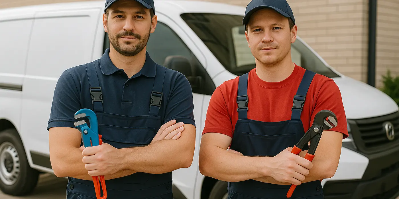 2 male plumbers looking at the camera from TMK Plumber Austin in Austin, TX - Clogged toilet solutions 2 male plumbers looking at the camera from TMK Plumber Austin in Austin, TX - Clogged toilet solutions