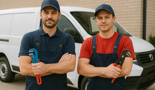 2 male plumbers looking at the camera from TMK Plumber Austin in Austin, TX - Clogged toilet solutions