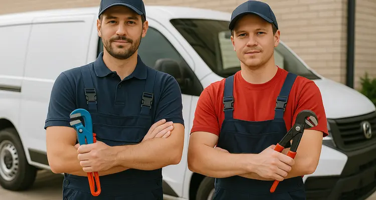 2 male plumbers looking at the camera from TMK Plumber Austin in Austin, TX - Clogged toilet solutions