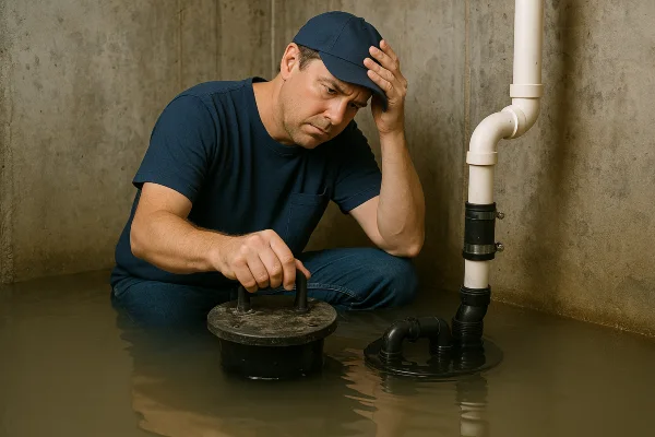 A worried plumber in a flooded room from TMK Plumber Austin in Austin, TX - Clogged toilet solutions A worried plumber in a flooded room from TMK Plumber Austin in Austin, TX - Clogged toilet solutions