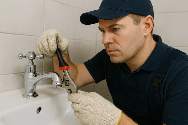 A plumbing technician using a tool to fix a water faucet from TMK Plumber Austin in Austin, TX - Clogged toilet solutions A plumbing technician using a tool to fix a water faucet from TMK Plumber Austin in Austin, TX - Clogged toilet solutions