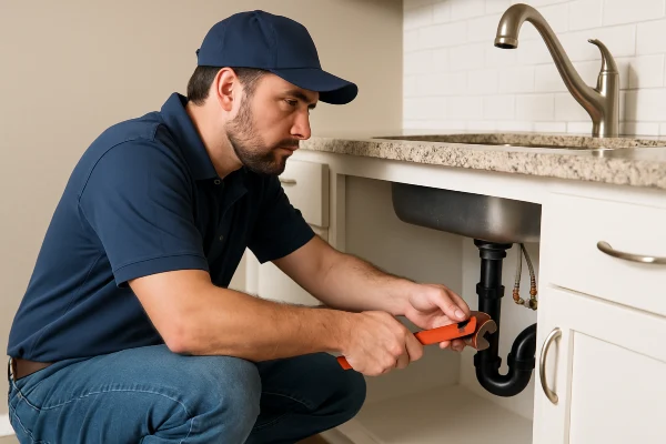 A male plumber checking a kitchen sink pipe connection from TMK Plumber Austin in Austin, TX - Clogged toilet solutions A male plumber checking a kitchen sink pipe connection from TMK Plumber Austin in Austin, TX - Clogged toilet solutions