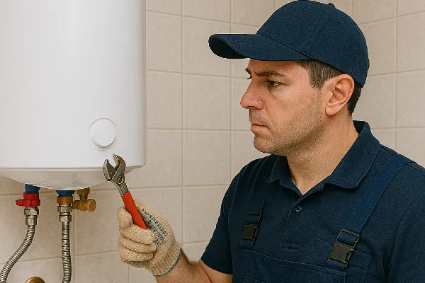 A male plumber working on a water heater hanging from the wall from TMK Plumber Austin in Austin, TX - Emergency Plumbing Services A male plumber working on a water heater hanging from the wall from TMK Plumber Austin in Austin, TX - Emergency Plumbing Services