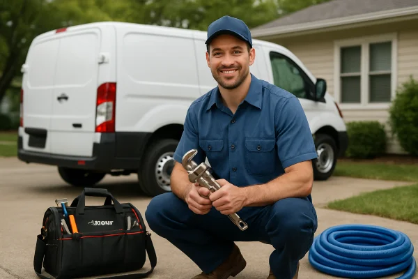 A male plumber smiling and posing to the camera from TMK Plumber Austin in Austin, TX - Emergency Plumbing Services A male plumber smiling and posing to the camera from TMK Plumber Austin in Austin, TX - Emergency Plumbing Services