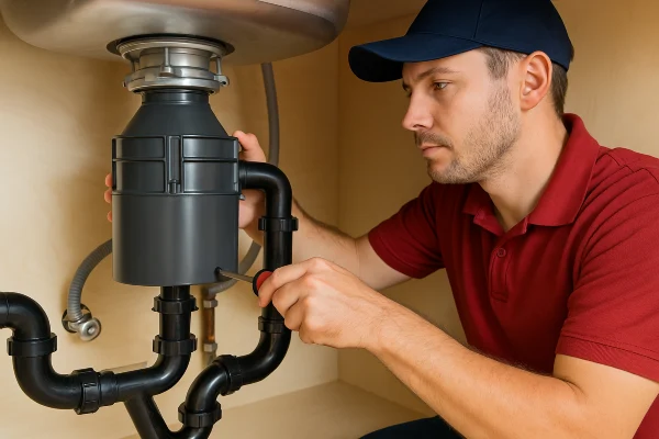 A male plumber with a screwdriver fixing a garbage diposal from TMK Plumber Austin in Austin, TX - Emergency Plumbing Services A male plumber with a screwdriver fixing a garbage diposal from TMK Plumber Austin in Austin, TX - Emergency Plumbing Services