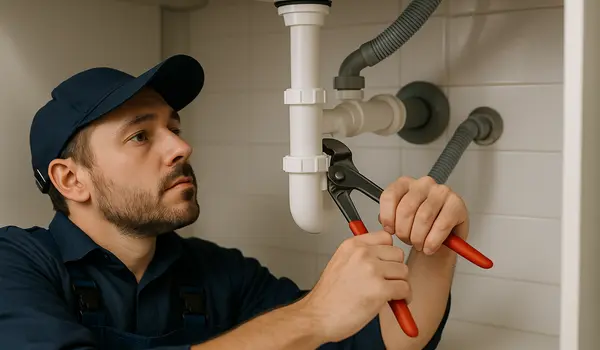 A male plumbing technician tightening a sink pipe from TMK Plumber Austin in Austin, TX - Faucet Replacement