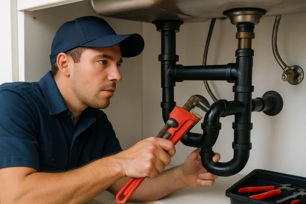 A male plumber fixing a sink pipe from TMK Plumber Austin in Austin, TX - Faucet Replacement A male plumber fixing a sink pipe from TMK Plumber Austin in Austin, TX - Faucet Replacement