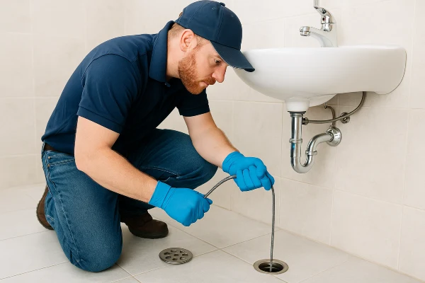 A male plumber unclogging a bathtub drain from TMK Plumber Austin in Austin, TX - Faucet Replacement A male plumber unclogging a bathtub drain from TMK Plumber Austin in Austin, TX - Faucet Replacement