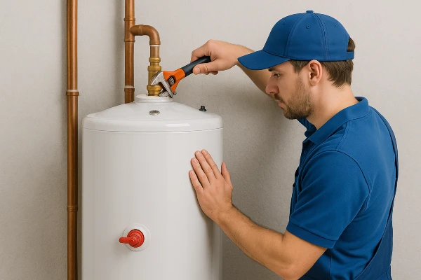 a male plumber installing a garbage disposal from TMK Plumber Austin in Georgetown, TX - Georgetown TX a male plumber installing a garbage disposal from TMK Plumber Austin in Georgetown, TX - Georgetown TX