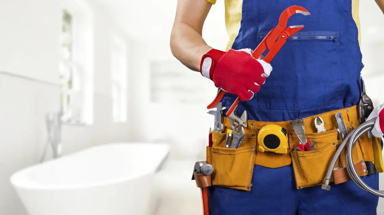 The torso of plumbing technician showing a tool belt from TMK Plumber Austin in Austin, TX - Hidrojet services