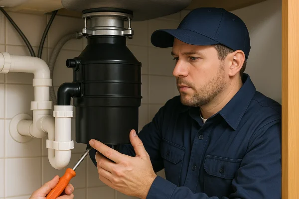 A technician working on a garbage disposal from TMK Plumber Austin in Austin, TX - Hidrojet services A technician working on a garbage disposal from TMK Plumber Austin in Austin, TX - Hidrojet services