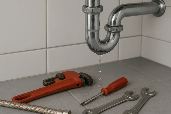 A sink water leak and plumbing tools on the floor from TMK Plumber Austin in Kyle, TX - Kyle TX A sink water leak and plumbing tools on the floor from TMK Plumber Austin in Kyle, TX - Kyle TX