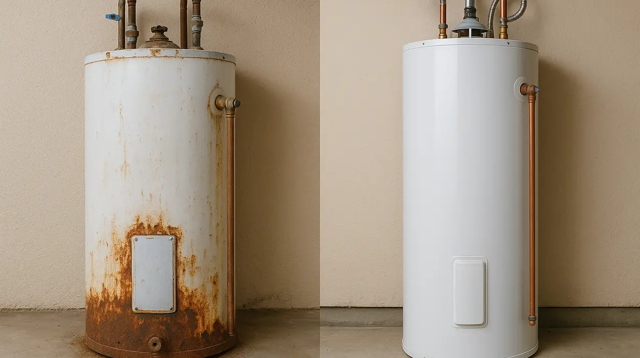 One rusted water heater next to a brand new water heater from TMK Plumber Austin in Leander, TX - Leander TX