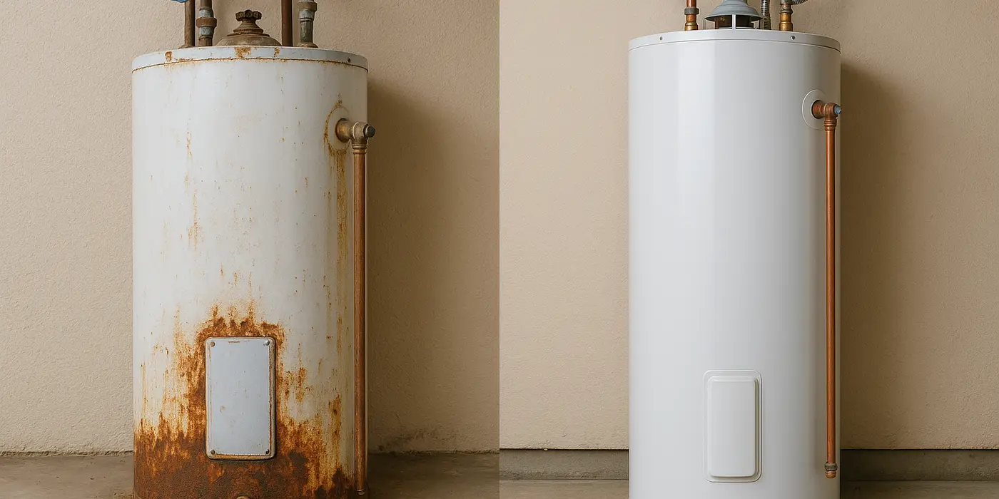 One rusted water heater next to a brand new water heater from TMK Plumber Austin in Leander, TX - Leander TX One rusted water heater next to a brand new water heater from TMK Plumber Austin in Leander, TX - Leander TX