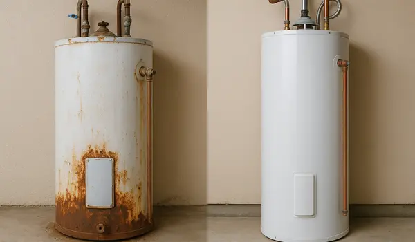 One rusted water heater next to a brand new water heater from TMK Plumber Austin in Leander, TX - Leander TX