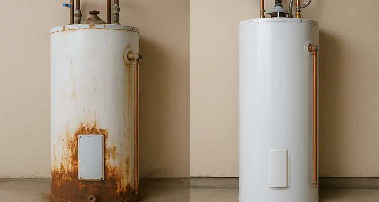 One rusted water heater next to a brand new water heater from TMK Plumber Austin in Leander, TX - Leander TX