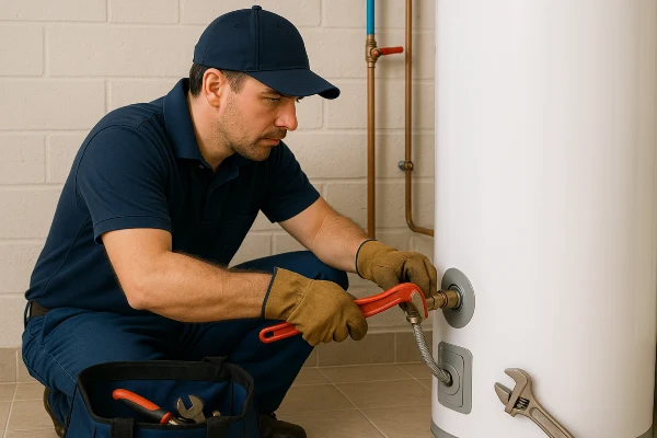A male plumber working on a water heater connection from TMK Plumber Austin in Leander, TX - Leander TX A male plumber working on a water heater connection from TMK Plumber Austin in Leander, TX - Leander TX