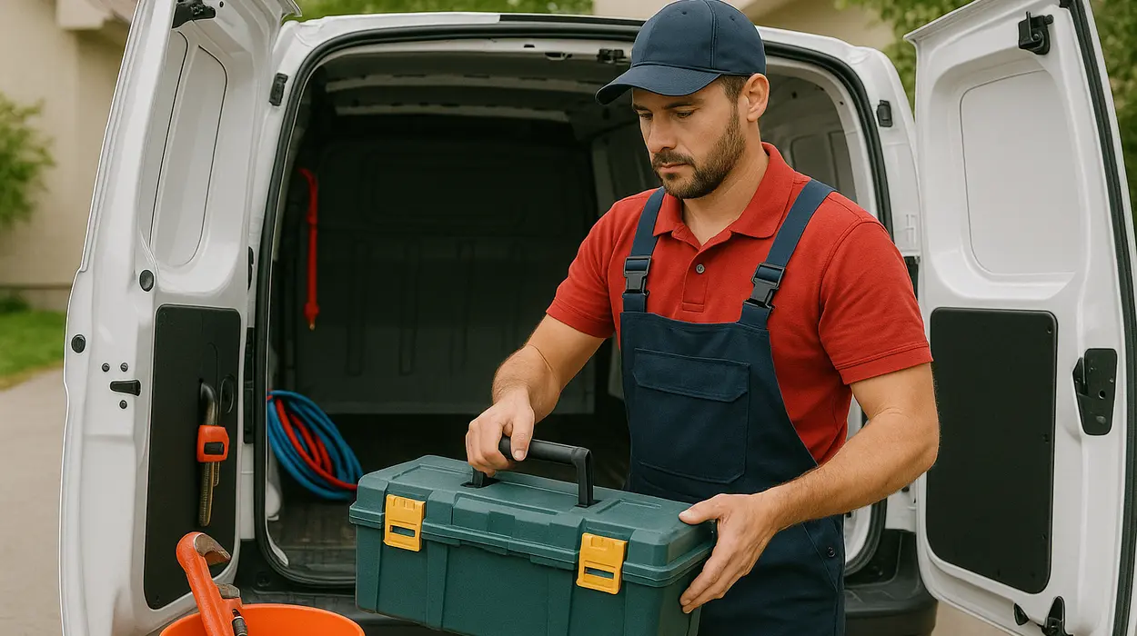 A plumbing technician putting his tool box back in his van from TMK Plumber Austin in Austin, TX - Sewer Line Clean up