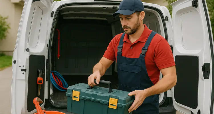 A plumbing technician putting his tool box back in his van from TMK Plumber Austin in Austin, TX - Sewer Line Clean up