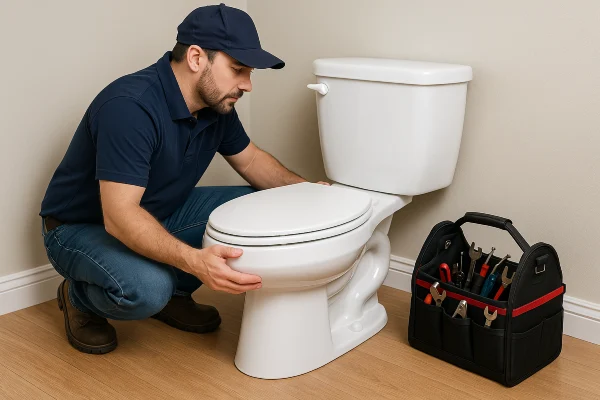 A plumber checking a toilet from TMK Plumber Austin in Austin, TX - Sewer Line Clean up A plumber checking a toilet from TMK Plumber Austin in Austin, TX - Sewer Line Clean up
