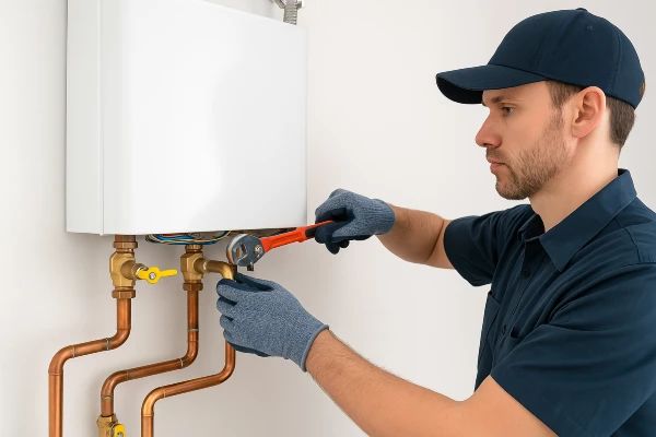 A plumber working on a tankless water heater from TMK Plumber Austin in Austin, TX - Sewer Line Clean up A plumber working on a tankless water heater from TMK Plumber Austin in Austin, TX - Sewer Line Clean up