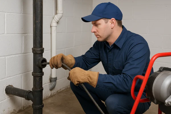A plumber using a snake to clear a plumbing pipe from TMK Plumber Austin in Austin, TX - Sewer Line Clean up A plumber using a snake to clear a plumbing pipe from TMK Plumber Austin in Austin, TX - Sewer Line Clean up