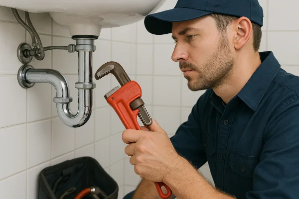 a male plumber installating a water heater from TMK Plumber Austin in Austin, TX - Tankless Water Heater Installation a male plumber installating a water heater from TMK Plumber Austin in Austin, TX - Tankless Water Heater Installation