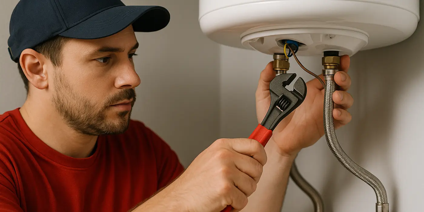 A male plumbing technician tightening a water heater connection from TMK Plumber Austin in Austin, TX - Toilet Replacement A male plumbing technician tightening a water heater connection from TMK Plumber Austin in Austin, TX - Toilet Replacement