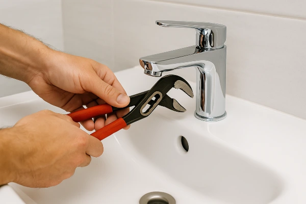 A technician fixing bathroom a water faucet from TMK Plumber Austin in Austin, TX - Toilet Replacement A technician fixing bathroom a water faucet from TMK Plumber Austin in Austin, TX - Toilet Replacement