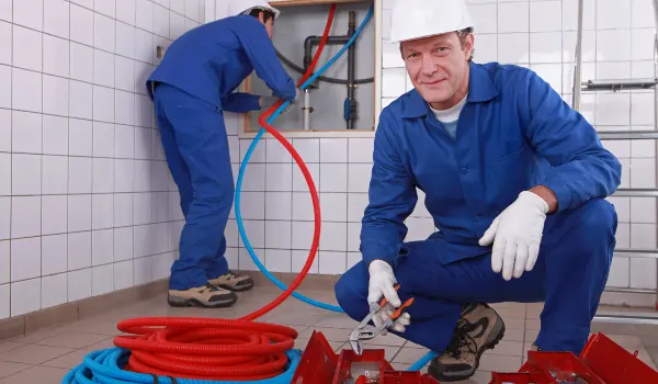 male plumber fixing a bathroom faucet from TMK Plumber Austin in Austin, TX - Water Heater Replacement