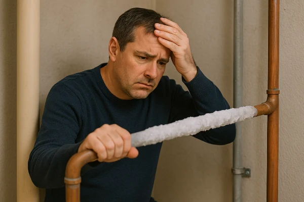 A wooried plumber looking at a frozen pipe from TMK Plumber Austin in Austin, TX - Water leak detection and repair A wooried plumber looking at a frozen pipe from TMK Plumber Austin in Austin, TX - Water leak detection and repair