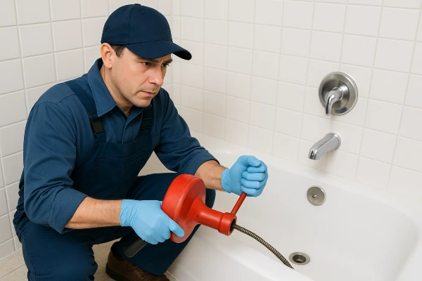 A plumber running a snake to clear a bathtub drain from TMK Plumber Austin in Austin, TX - Water leak detection and repair A plumber running a snake to clear a bathtub drain from TMK Plumber Austin in Austin, TX - Water leak detection and repair