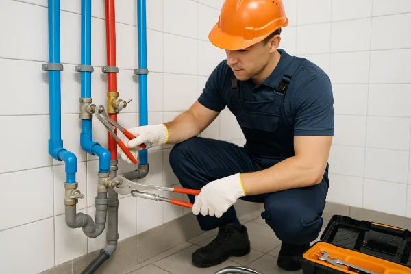 A plumber working on commercial pipe connections from TMK Plumber Austin in Austin, TX - Water leak detection and repair A plumber working on commercial pipe connections from TMK Plumber Austin in Austin, TX - Water leak detection and repair